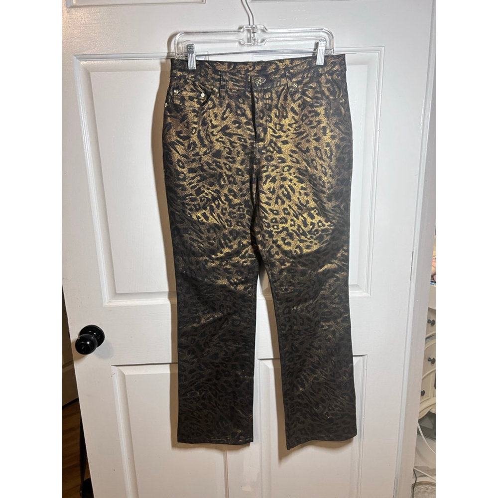 Women's DG2 by Diane Gilman Black Gold Leopard Print Straight Leg Jeans 8P